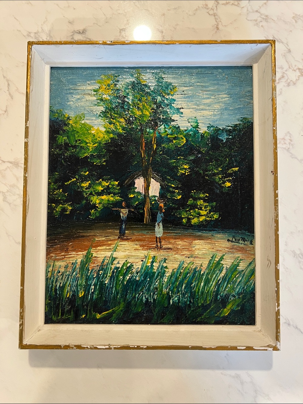 Vintage Landscape Painting with Figures in Simple Frame, Signed Wall Art, Oil